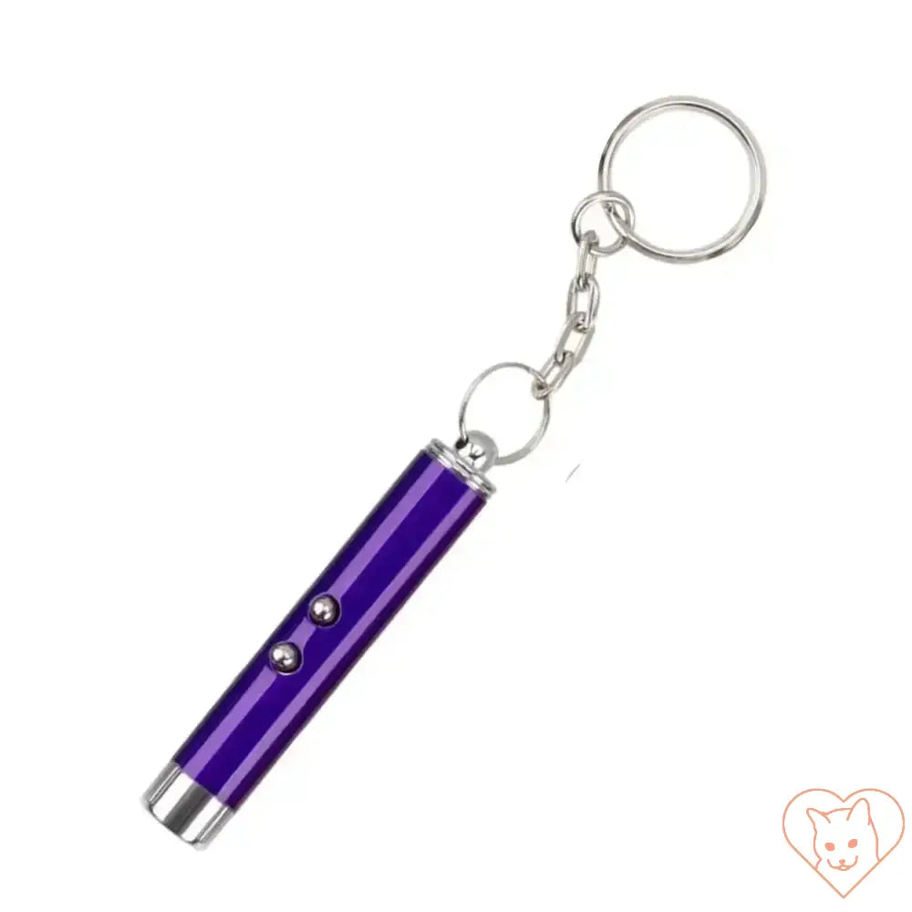 Purple keychain laser pointer for interactive cat play, promoting exercise and enrichment for indoor cats.