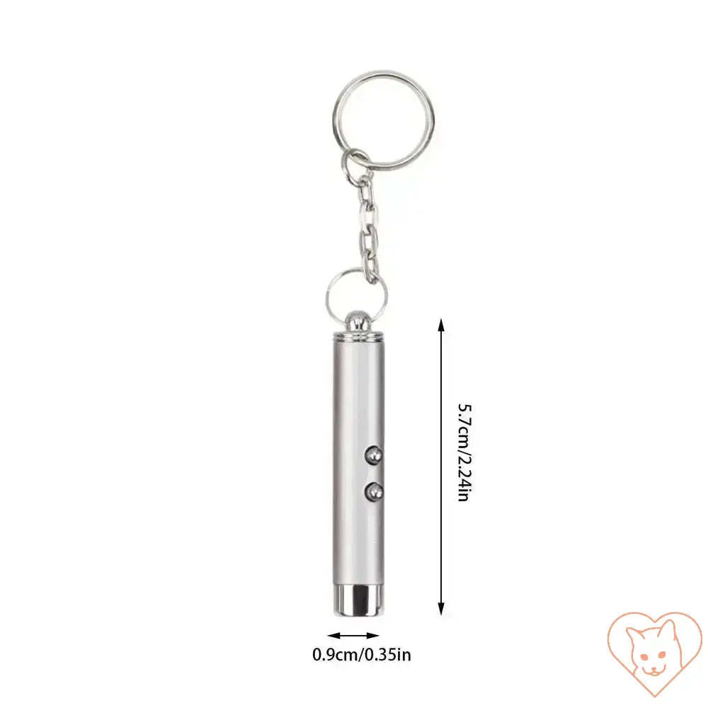 Compact silver laser pointer keychain toy for interactive cat play, measuring 5.7cm long and 0.9cm wide.