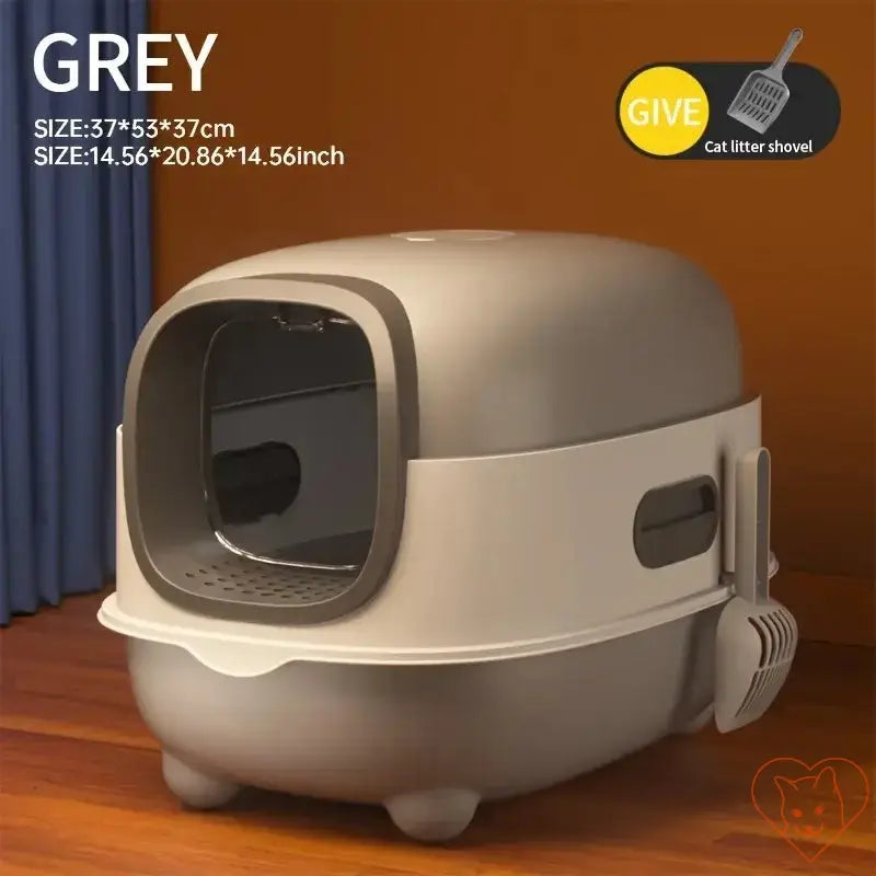 Grey leak-proof foldable cat litter box with enclosed design and included litter shovel, perfect for indoor and outdoor use.