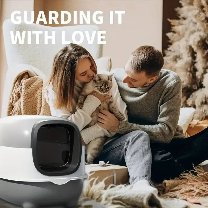 Couple cuddling a cat near a Leak-Proof Foldable Cat Litter Box in a cozy indoor setting, promoting pet comfort and hygiene.