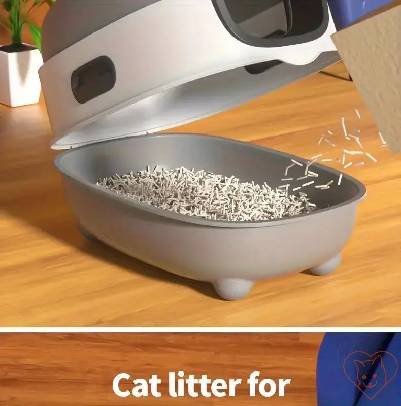 Leak-proof foldable cat litter box with a large interior and easy waste disposal in a modern design.