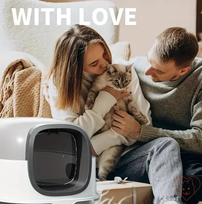 Couple enjoying time with their cat next to a Leak-Proof Foldable Cat Litter Box, highlighting love for pets in a cozy setting.