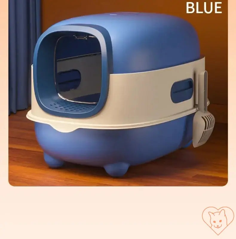 Leak-proof foldable blue cat litter box with enclosed design and waste scoop, perfect for indoor and outdoor use.