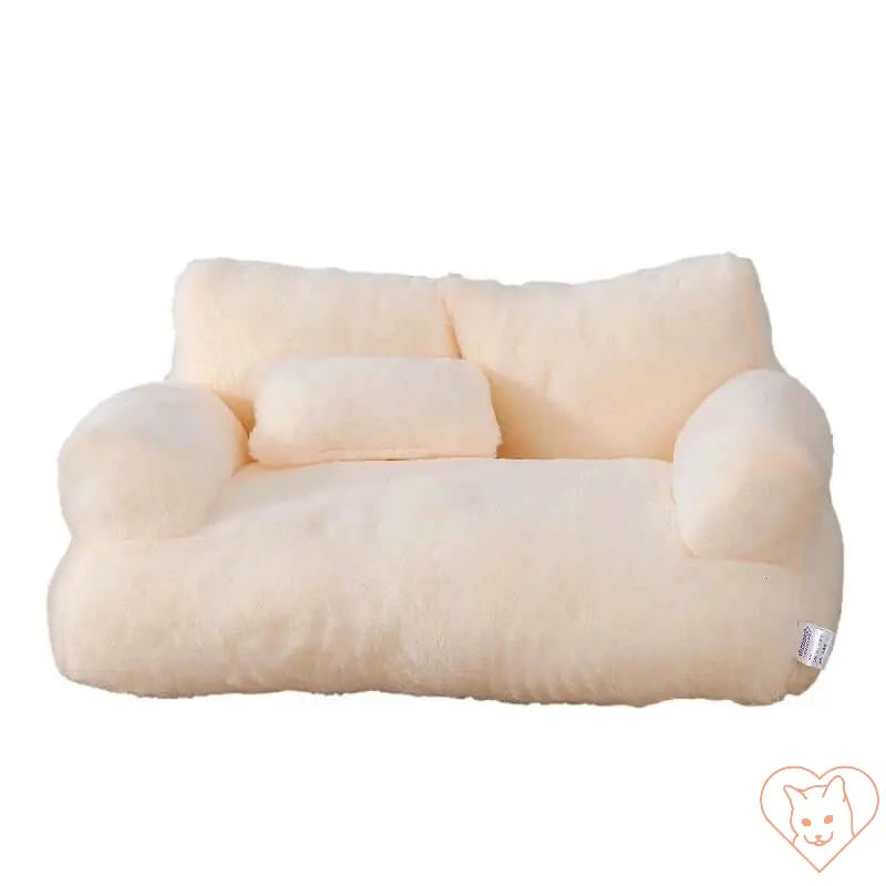 Luxury plush cat bed sofa in soft cream color, featuring thick backrest and cozy plush material for ultimate pet comfort.