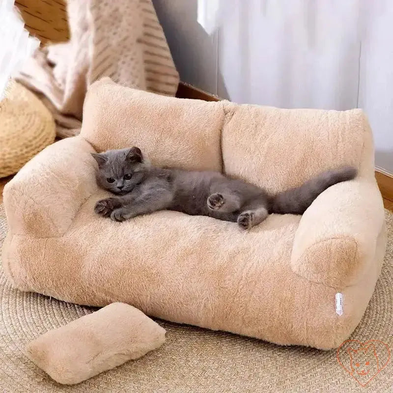 Cozy gray cat lounging on a luxury plush cat bed sofa, highlighting warmth and comfort for pets.