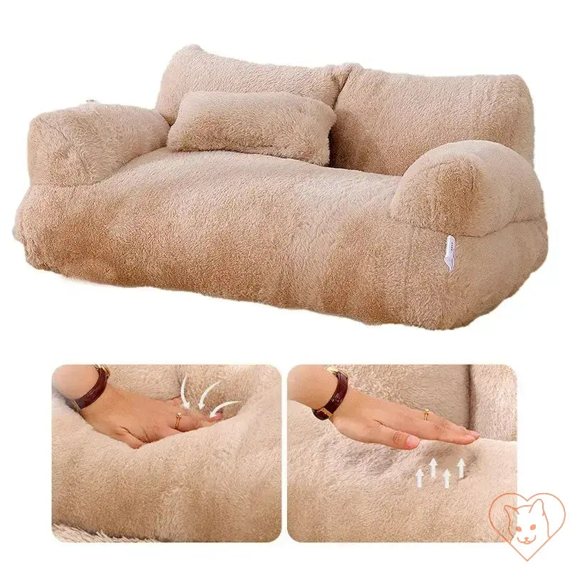 Luxury plush cat bed sofa in warm beige, featuring thick backrest and soft, breathable material for ultimate pet comfort.