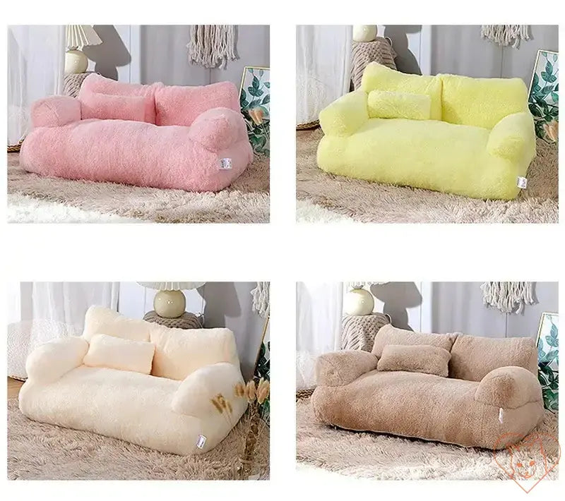 Luxury plush cat bed sofa in pink, yellow, cream, and brown colors, designed for ultimate pet comfort and relaxation.