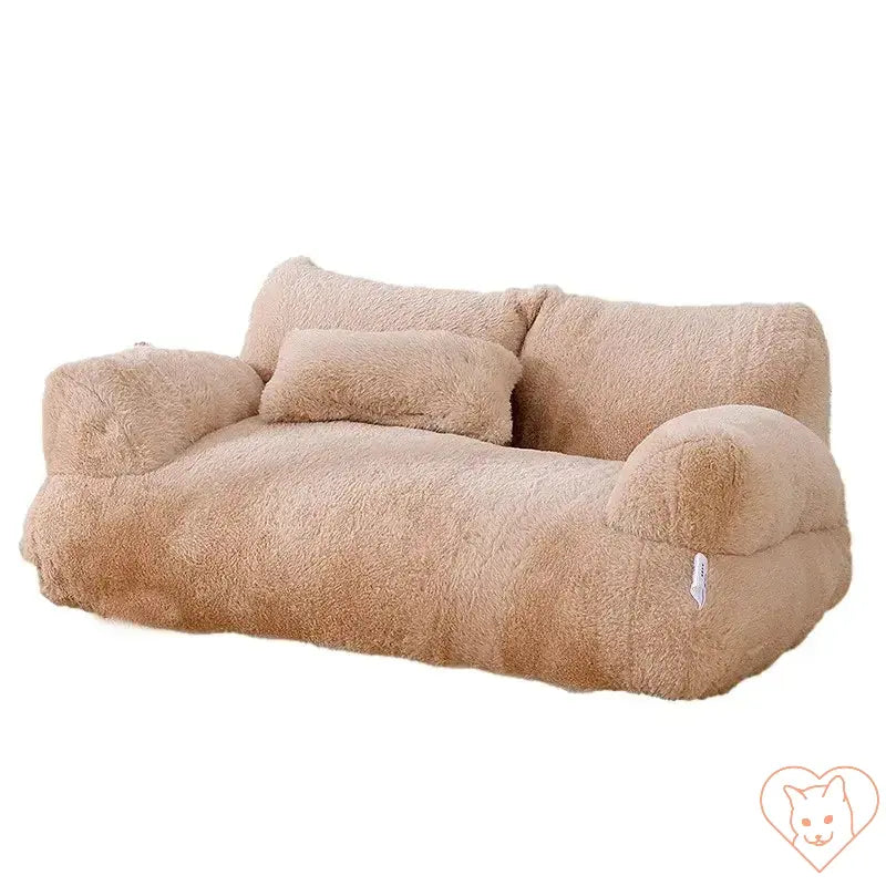 Luxury plush cat bed sofa in warm beige, featuring thick backrest and soft cushions for ultimate pet comfort.