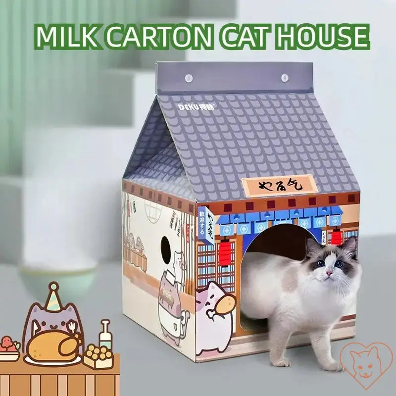 Milk Carton Cat House with Scratcher Pad, stylish design, cozy retreat for cats, playful decor accent.