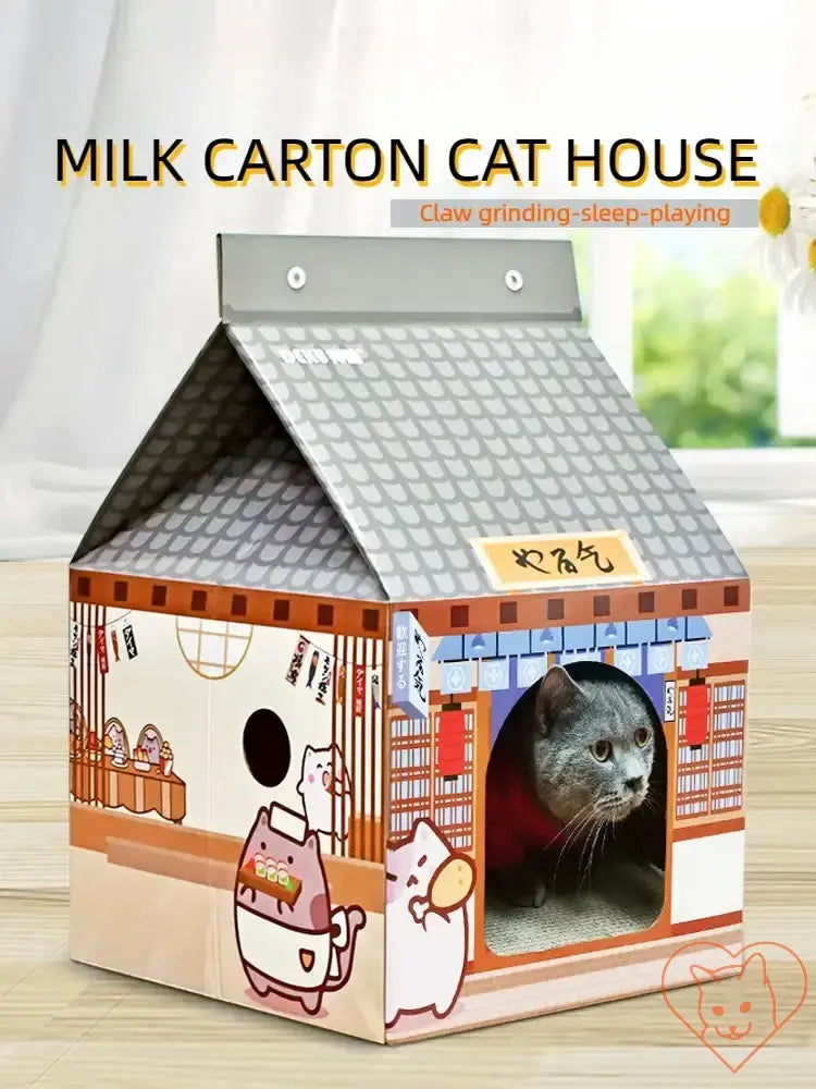 Milk carton cat house with cozy entrance, perfect for scratching, lounging, and playful feline adventures.