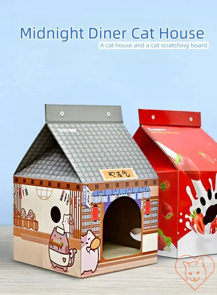 Midnight Diner Cat House with playful design, combines cozy retreat and scratching board for your feline friend.