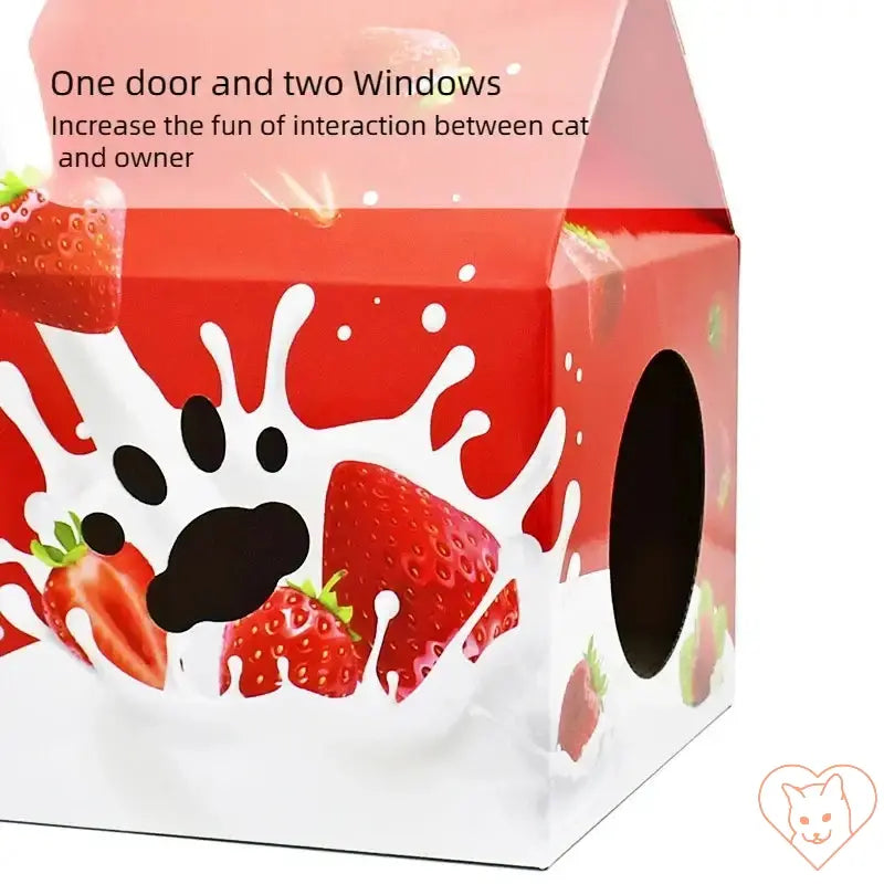 Milk carton cat house with strawberry design featuring one door and two windows for interactive play.