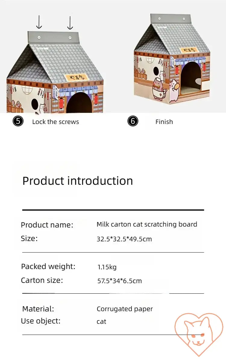 Milk carton cat house with scratch pad, measuring 32.5x32.5x49.5 cm, made of corrugated paper, perfect for cats.