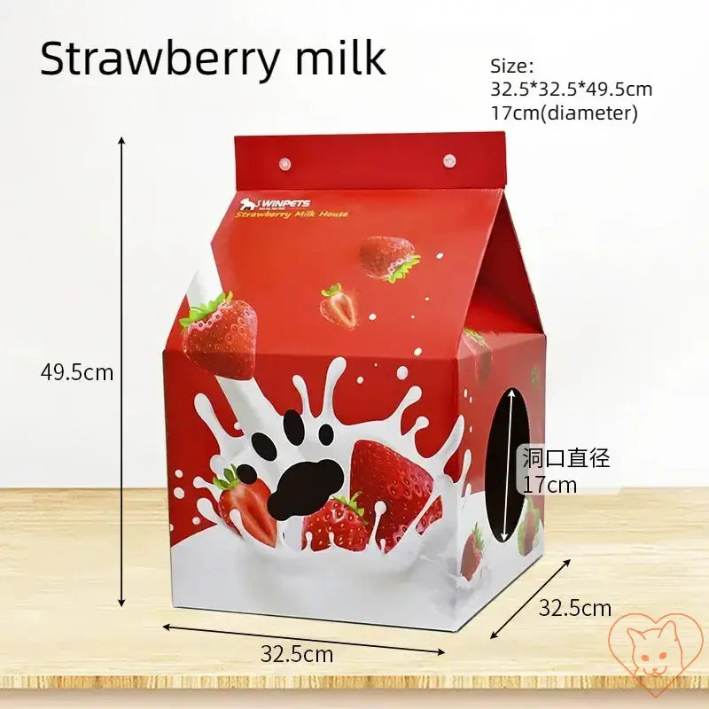 Strawberry milk carton cat house dimensions: 49.5cm tall, 32.5cm wide, 17cm diameter; playful design for cats.