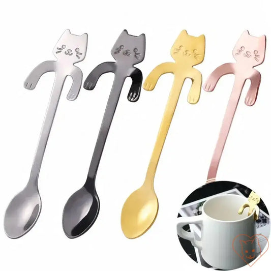 Mini Cat Coffee Spoon set in silver, black, gold, and rose gold, perfect for stirring coffee, tea, and desserts.