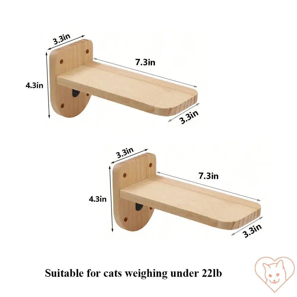 Two wooden cat shelves with measurements, suitable for cats under 22 lbs, designed for wall mounting.