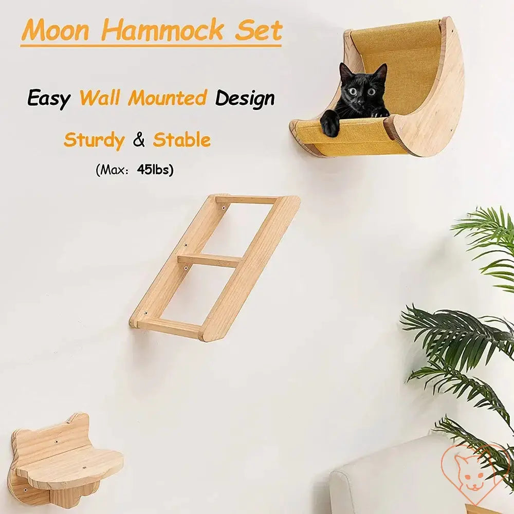 Moon Cat Shelf Wall Hammock set with black cat, sturdy wooden design for climbing and lounging, supports up to 45 lbs.