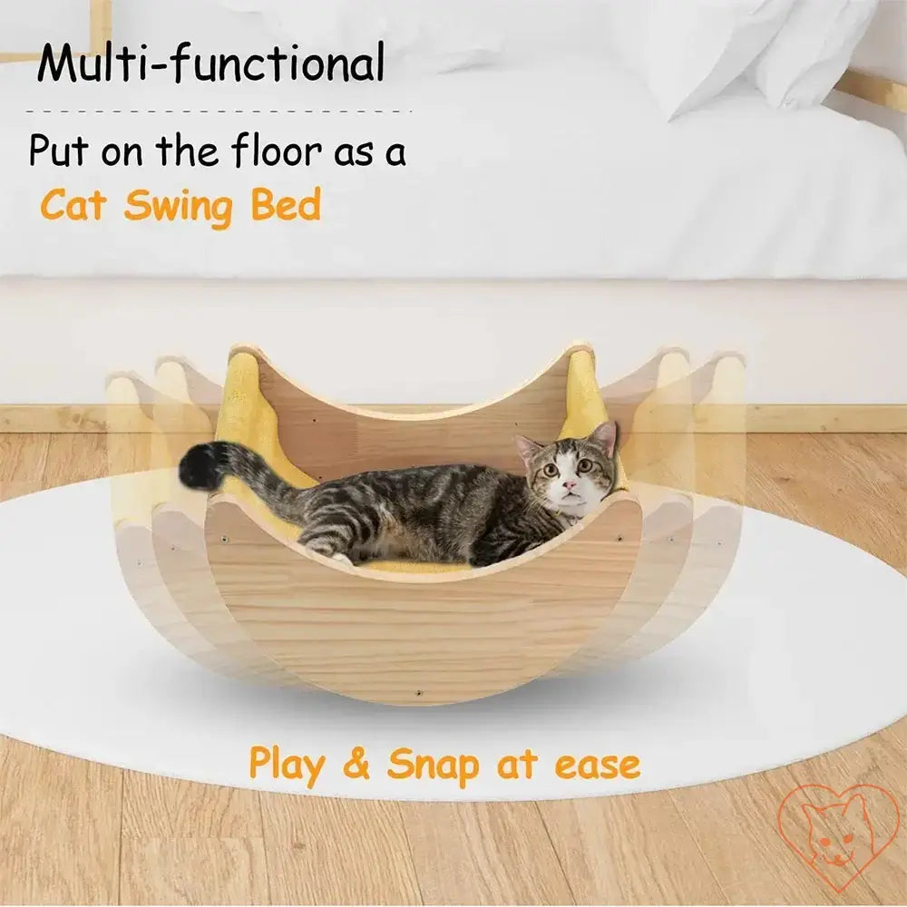 Cat swing bed showcased on a rug, highlighting its multi-functional design for indoor feline comfort.