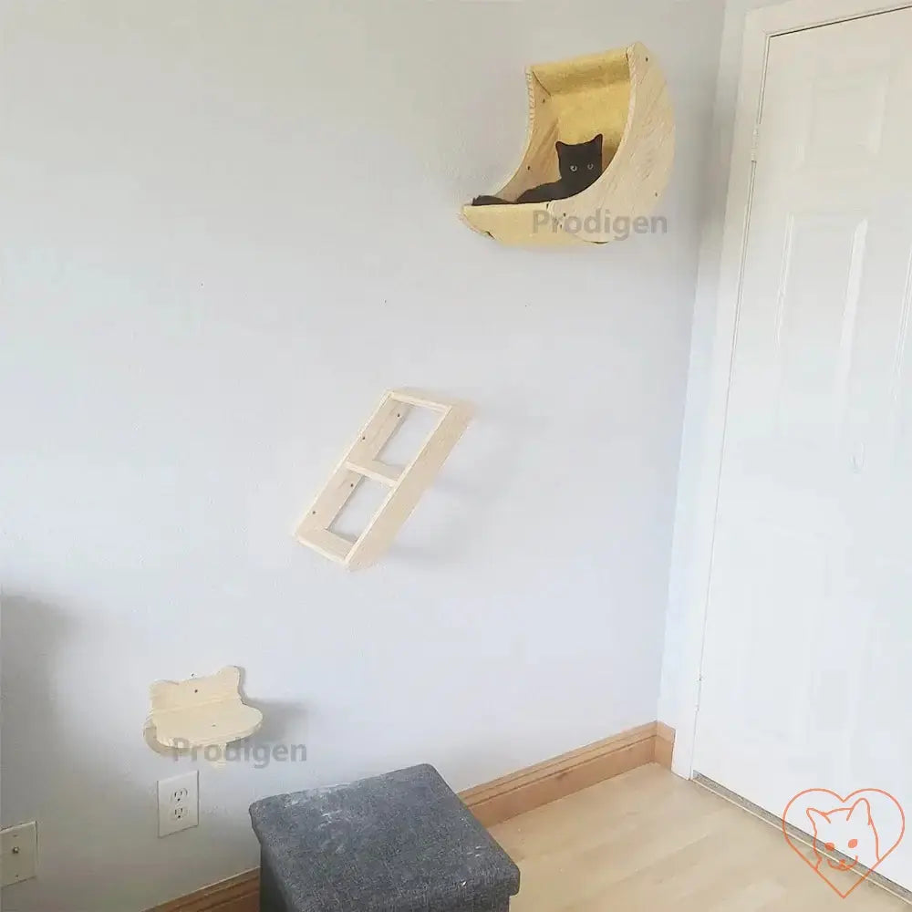 Moon Cat Shelf Wall Hammock with a cat lounging, showcasing climbing shelves and perches for indoor cats.