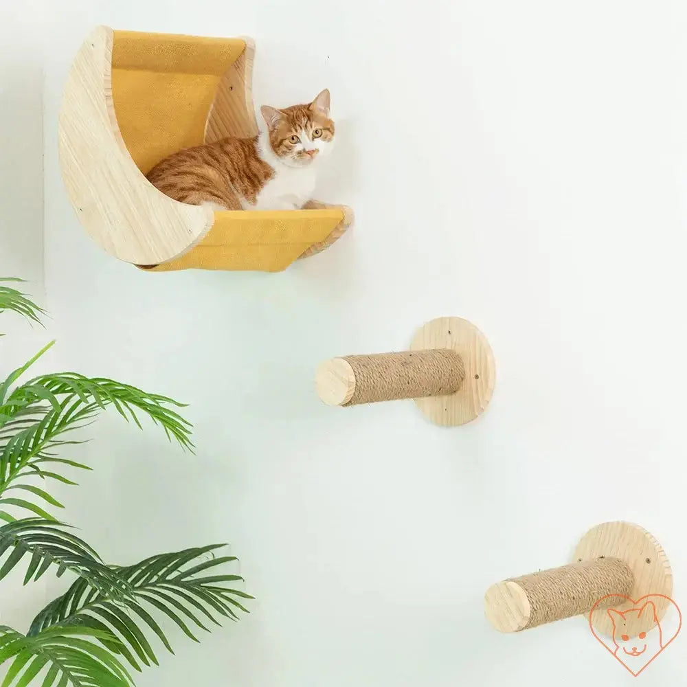 Orange cat lounging on Moon Cat Shelf Wall Hammock with scratching posts, ideal for indoor cat play.