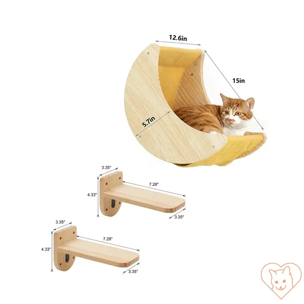 Moon Cat Shelf Wall Hammock with dimensions, featuring a comfortable spot for a cat to lounge.