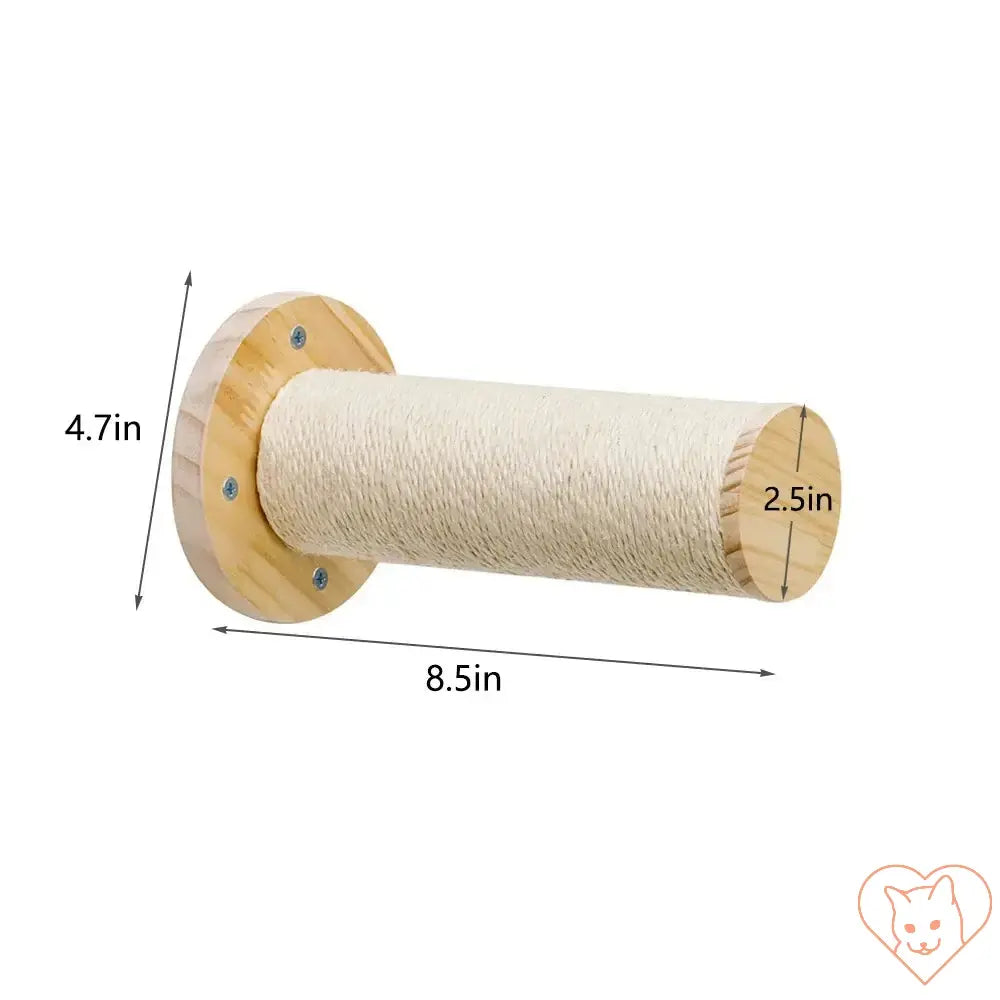 Wooden wall-mounted cat scratching post, dimensions 4.7in x 2.5in x 8.5in, ideal for indoor cat play.