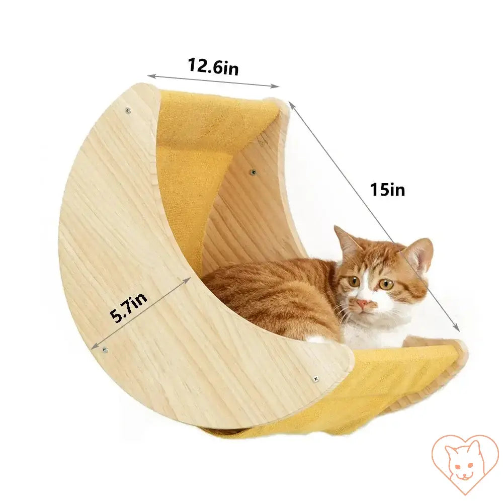 Orange tabby cat relaxing in a Moon Cat Shelf Wall Hammock, measuring 12.6x5.7x15 inches, made of solid pine.