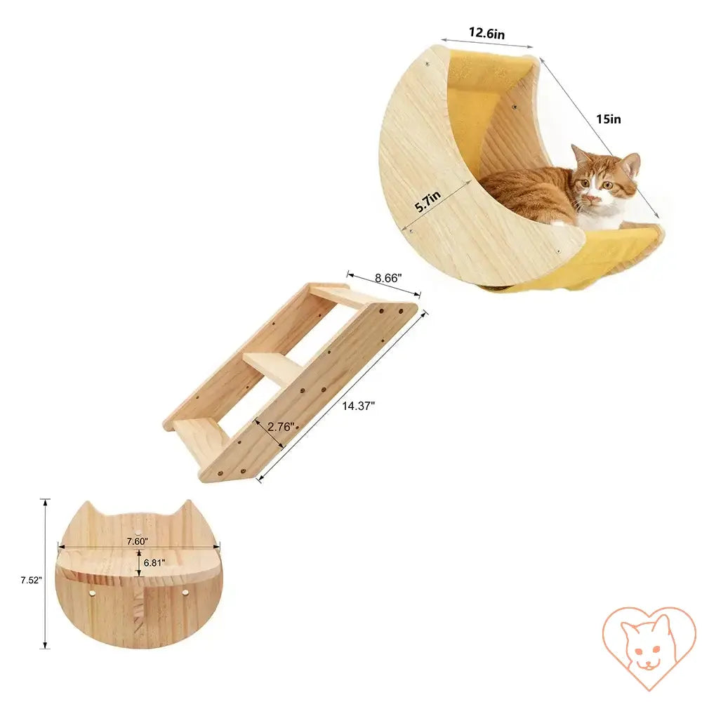 Moon Cat Shelf Wall Hammock dimensions with a cat lounging inside, made from solid pine wood, ideal for indoor climbing.