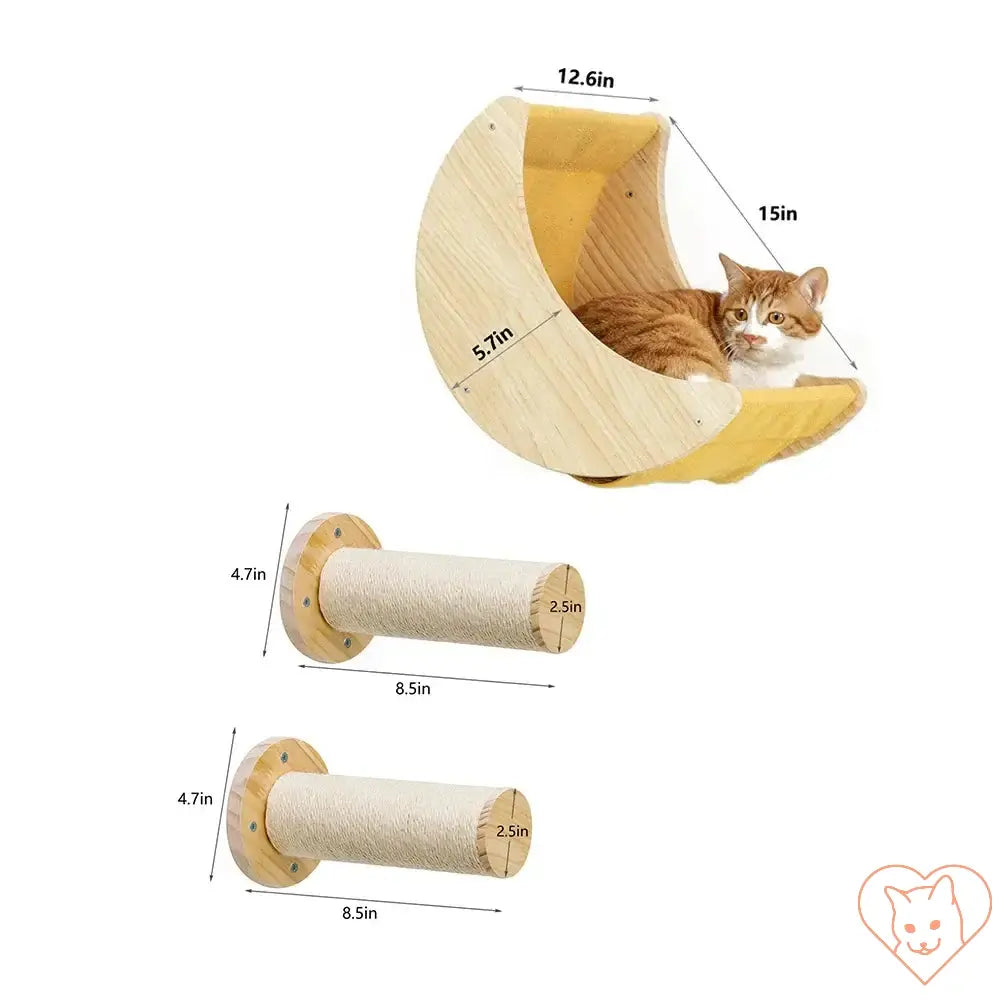 Moon Cat Shelf Wall Hammock with dimensions; ideal climbing perch for indoor cats, made of solid pine wood.