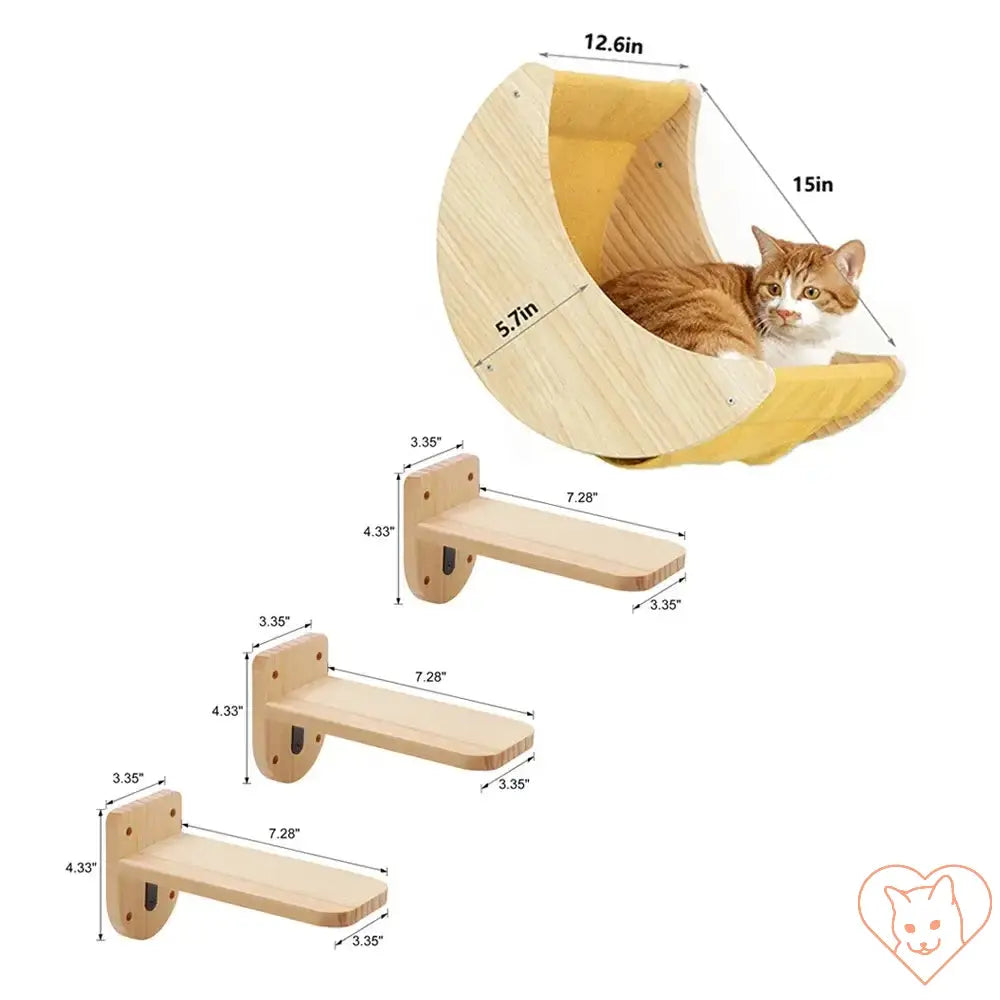 Moon Cat Shelf Wall Hammock with dimensions, perfect for indoor climbing and lounging for cats.