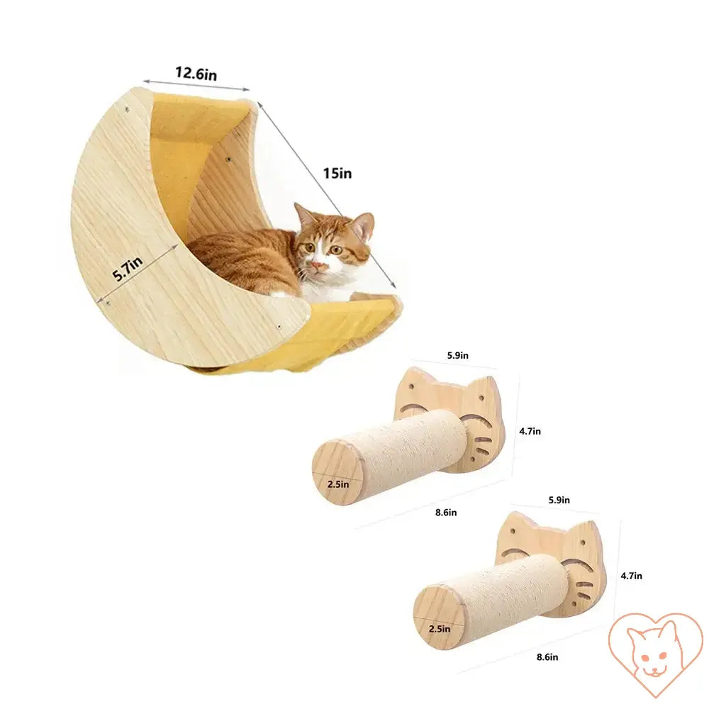 Moon Cat Shelf Wall Hammock with dimensions, featuring an orange cat lounging in comfort, ideal for climbing and scratching.