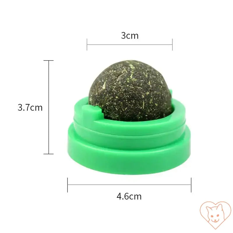 Natural catnip stick-on ball toy for cats, measuring 3cm diameter, 3.7cm height, and 4.6cm base.