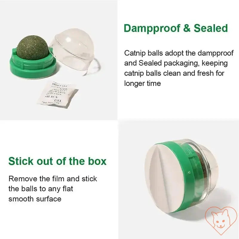 Natural catnip stick-on ball toy in dampproof packaging for lasting freshness and easy attachment.