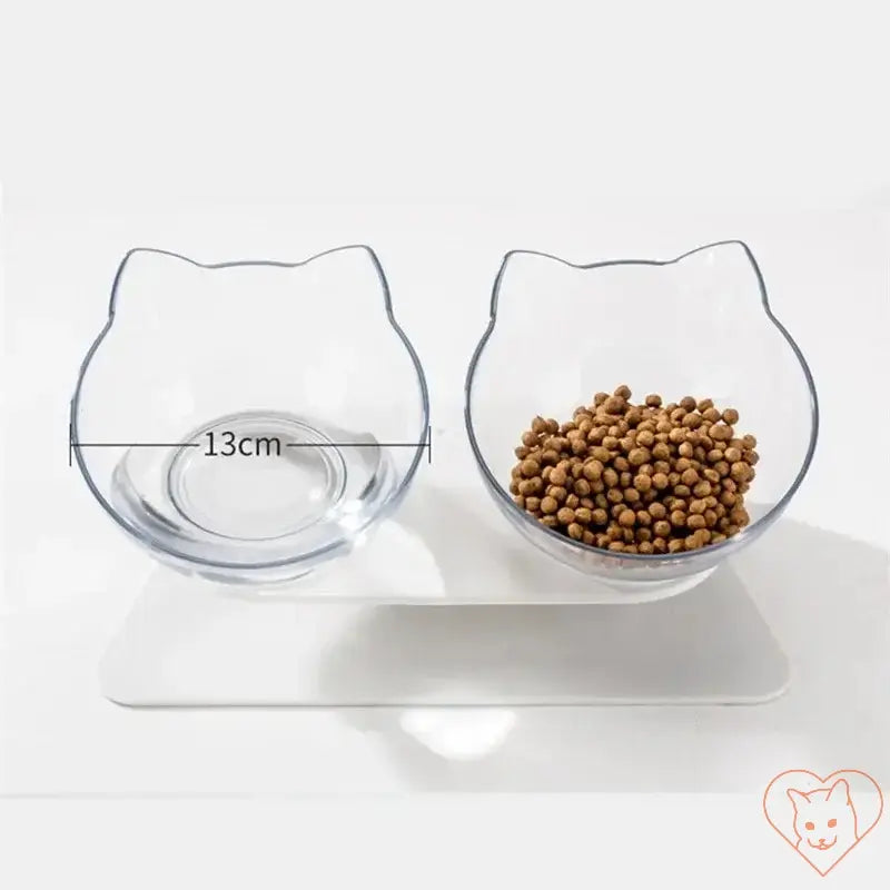 Non-slip double cat bowl set with a stand featuring a 15° tilt design, ideal for food and water.