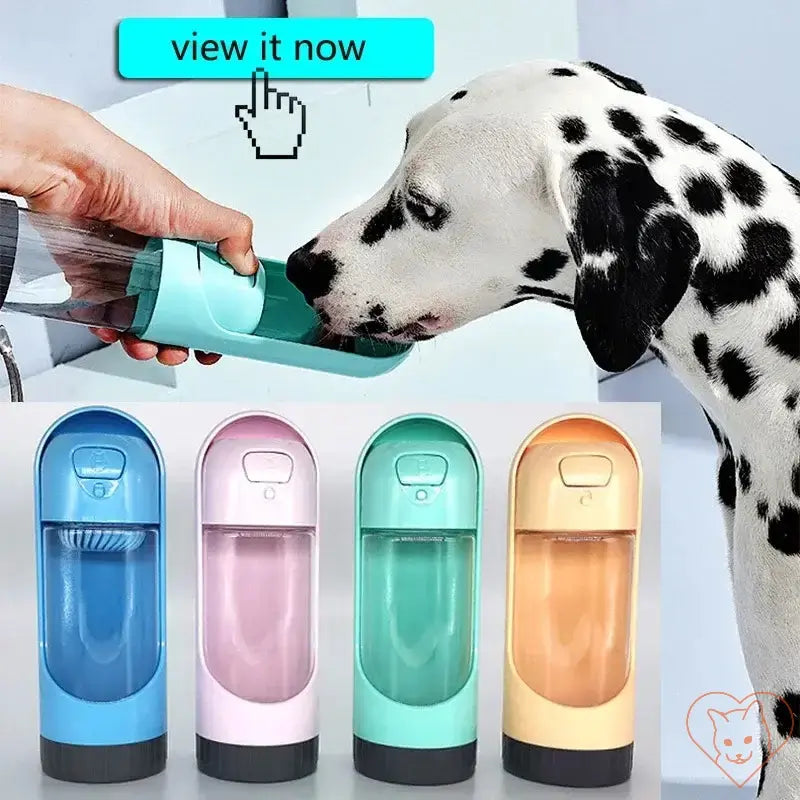 Dalmatian drinking from a portable pet water bottle, featuring multiple color options: blue, pink, green, and orange.