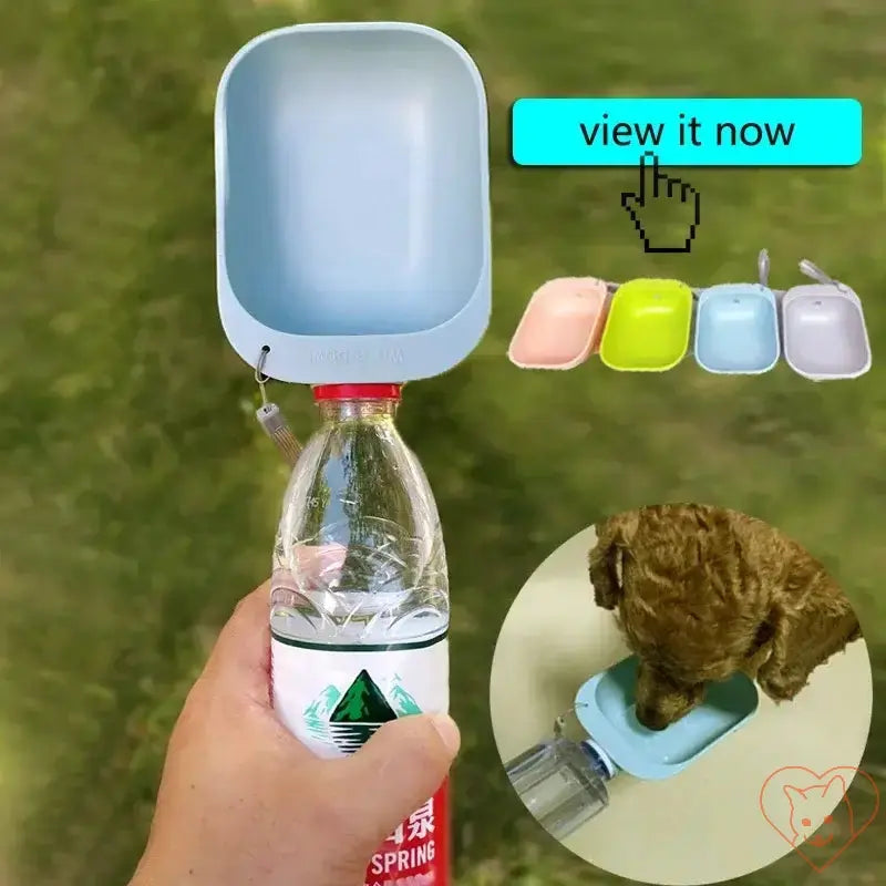 Portable pet water bowl attached to a bottle, ideal for outdoor hydration, featuring various color options.