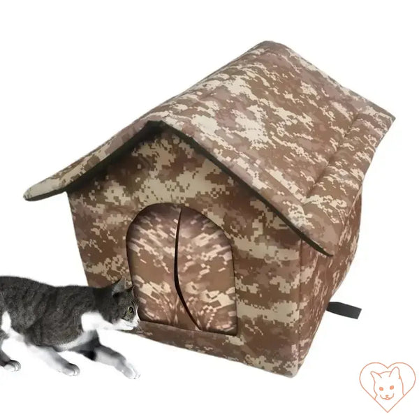 Outdoor cat house with camouflage design, providing a cozy and weatherproof shelter for cats.