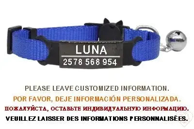 Blue personalized cat collar with bell, featuring a breakaway buckle and engraved nameplate.