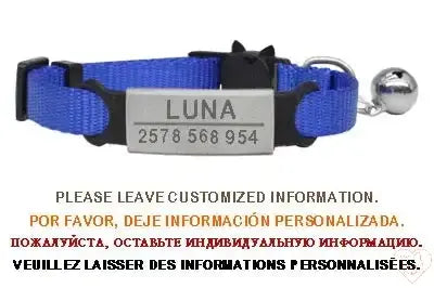 Personalized blue cat collar with bell and engraved tag displaying cat's name and contact number.