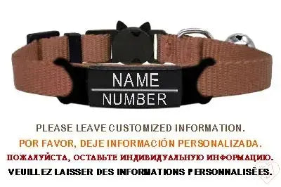 Personalized cat collar with bell, customizable nameplate, adjustable nylon, safety breakaway buckle.