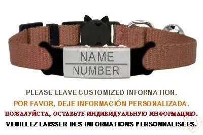 Personalized cat collar with silver name tag, adjustable breakaway buckle, and bell for safety and style.