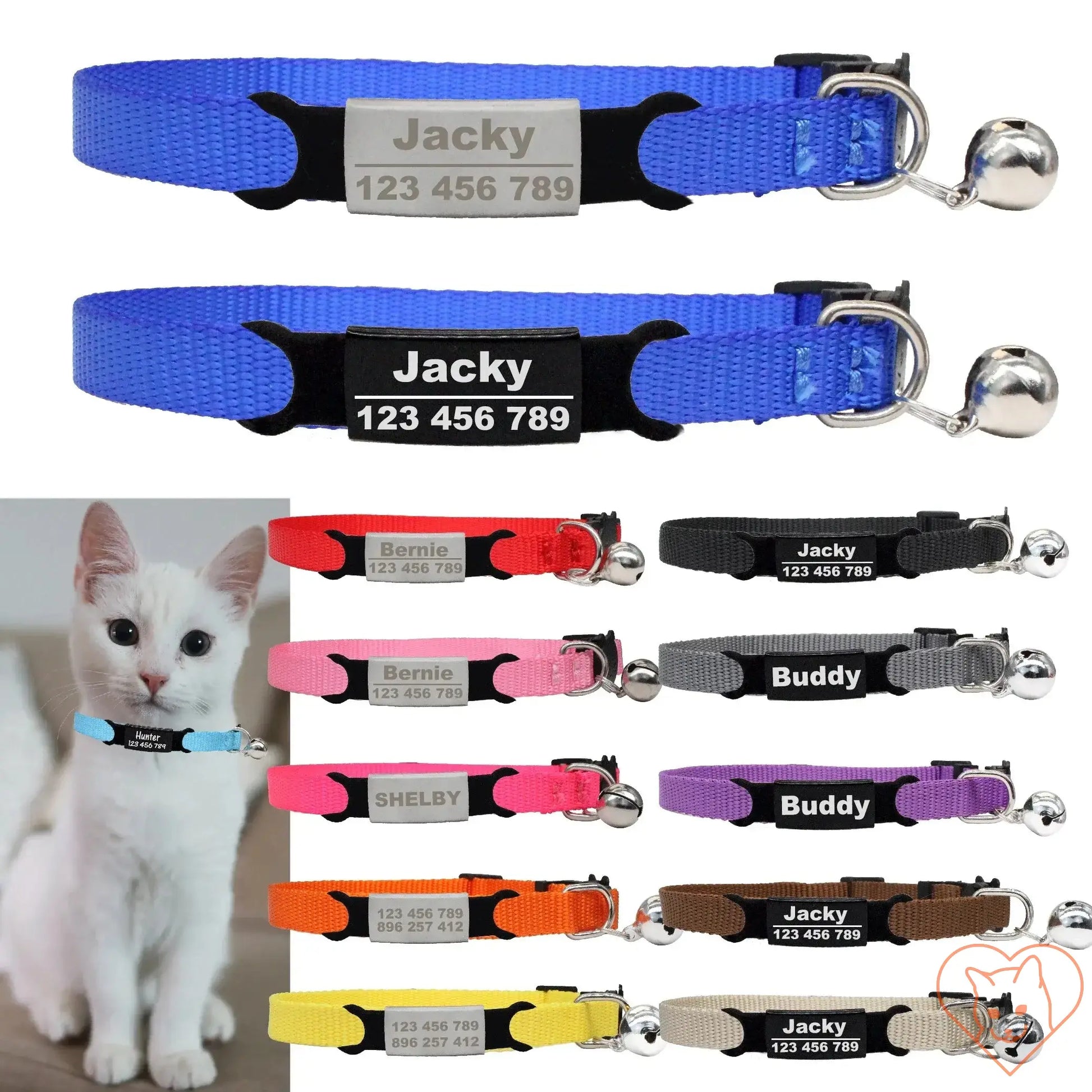 Personalized cat collars with bells, featuring adjustable designs and custom name engravings for pet safety.