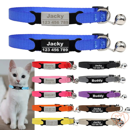 Personalized cat collars with bells, featuring adjustable designs and custom name engravings for pet safety.