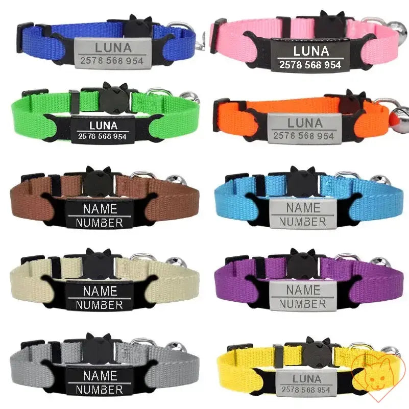 Personalized cat collars in various colors with engraved name tags and breakaway buckle for safety.