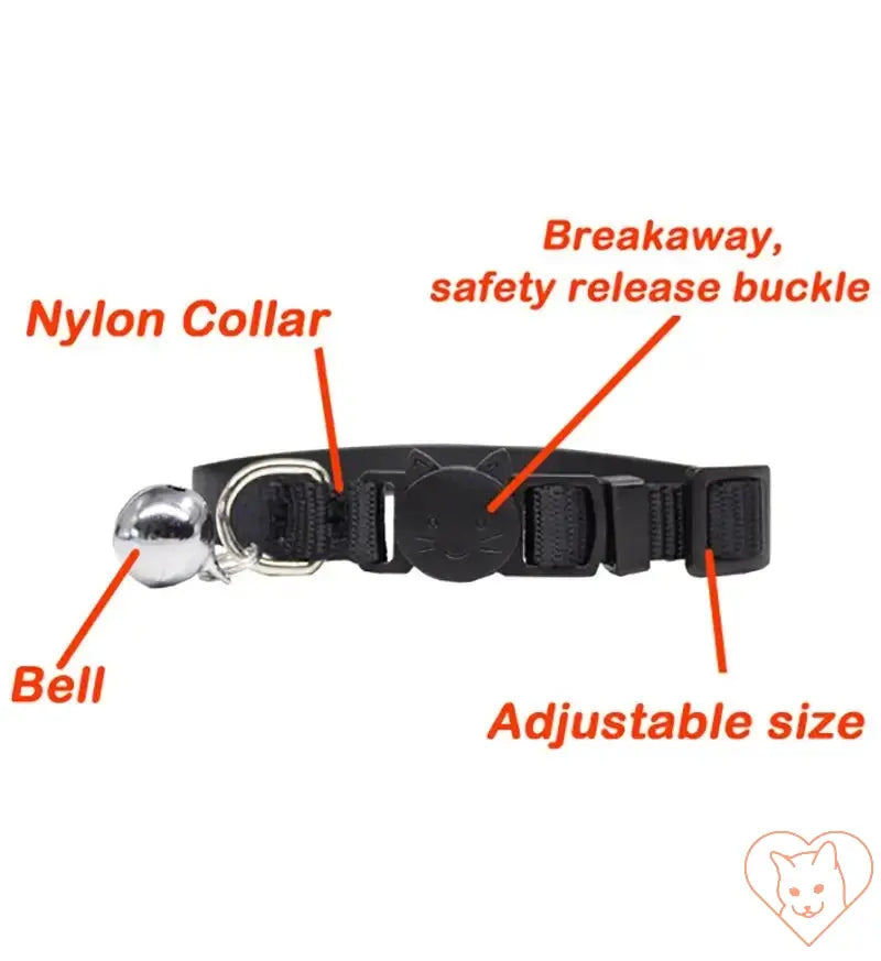 Personalized cat collar with bell, adjustable nylon design, breakaway safety buckle for secure pet wear.