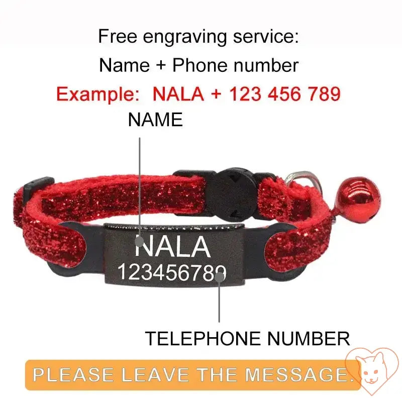 Personalized cat collar with bell featuring custom engraving for name and phone number in red glitter.