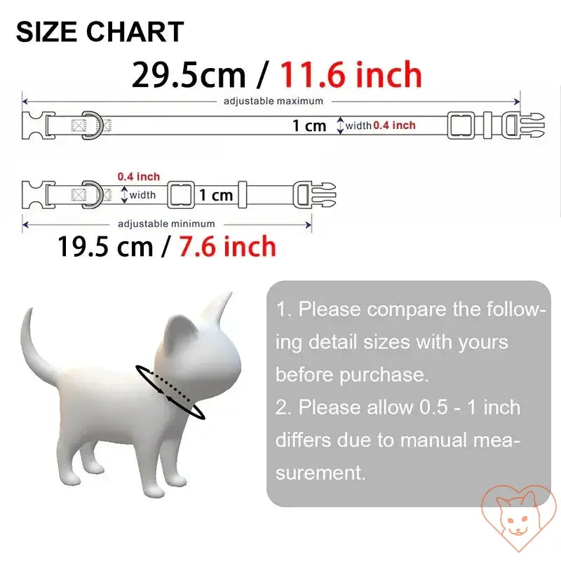 Size chart for personalized cat collar showing adjustable lengths and measurements for pet safety.