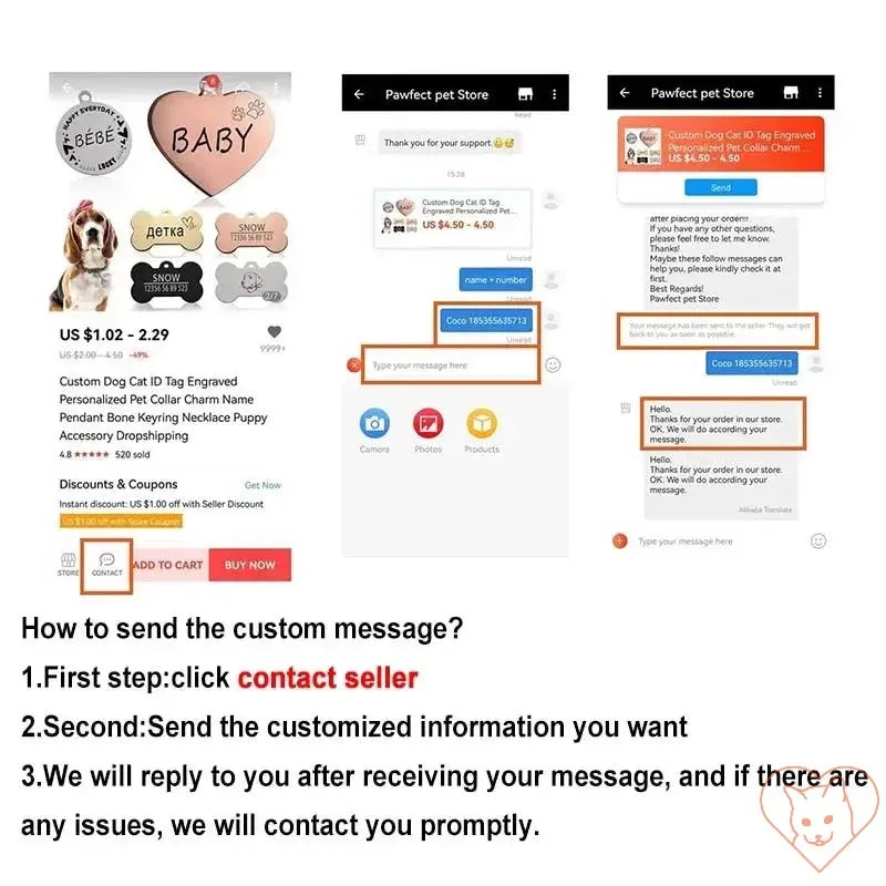 Instructions for ordering a personalized cat collar with custom message on Pawfect Pet Store.