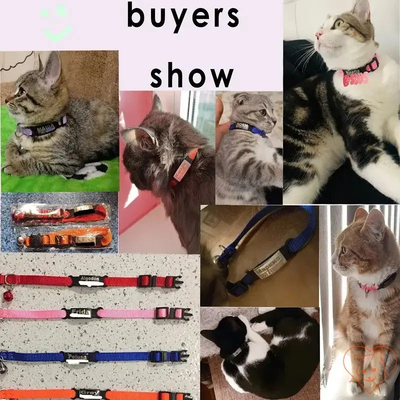 Collage of cats wearing personalized collars with bells, showcasing styles and custom engravings by happy customers.