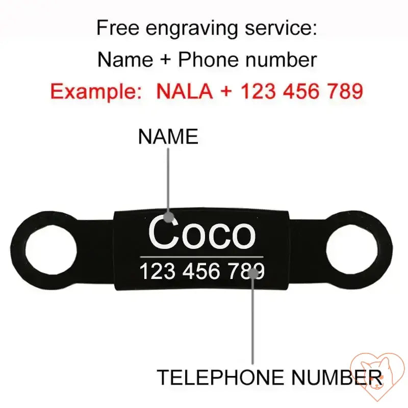 Personalized cat collar tag showing free engraving example for name and phone number, highlighting safety features.